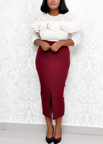 

Женщины Ruffles Half Sleeves Кружева Вязание крючком Срезанные наружные платья Midi Bodycon