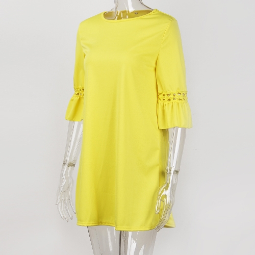 

Модные женские мини-платья O Шея 3/4 Flare Sleeve Hollow Out Solid Color Casual Party Dress
