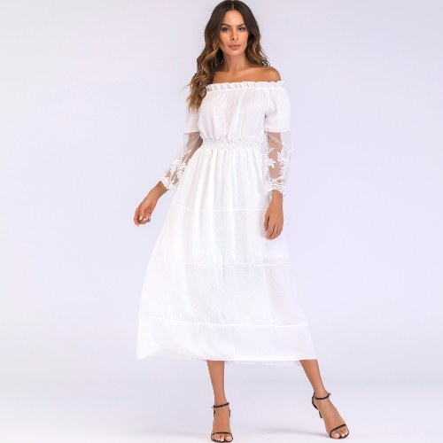 

Sexy Women Maxi Long Dress Off the Shoulder Lace Flare Sleeve Elegant Evening Party Boho Dress