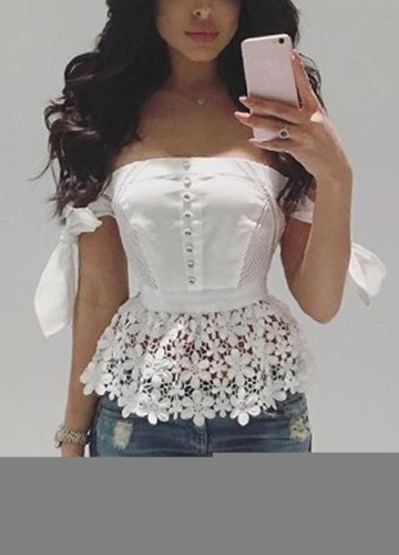 

Women Lace Blouse Shirt Casual Off the Shoulder Top Sexy Tie Sleeve Ladies Summer Hollow Out Elegant Blouse