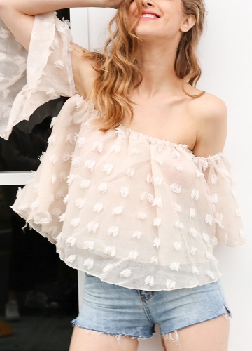 

Women Chiffon Off the Shoulder Blouse Top Applique Flare Sleeve Slash Neck Semi-Sheer Loose Short Top