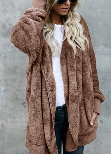 

Women Hooded Long Coat Jacket Hoodies Cardigan Faux Fur Fleece Open Front Pockets Outwear Casual Overcoats