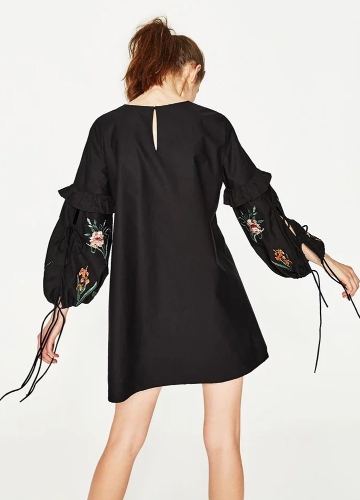 

Women Vintage Floral Embroidery Lace Up Long Sleeve Frill Mini Dress