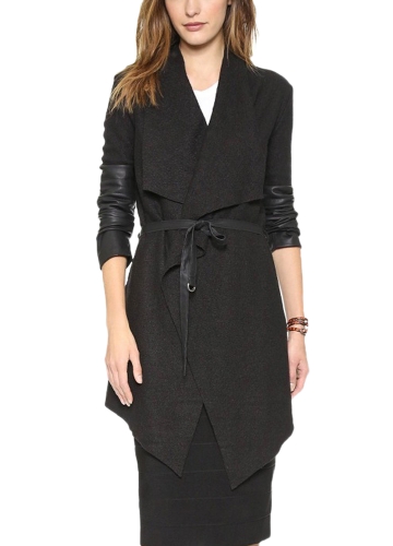 

Autumn Winter Women Jacket Coat Large Lapel PU Leather Splice Overcoat Long Sleeve Casual Outerwear Black