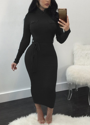 

Women Autumn Winter Sweater Knitted Dress Belted Waist Slim Elastic Turtleneck Long Sleeve Bodycon Dress