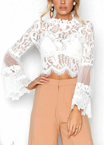 

Sexy Women Floral Lace Flared Sleeve Transparent Mesh Long Sleeve Blouse