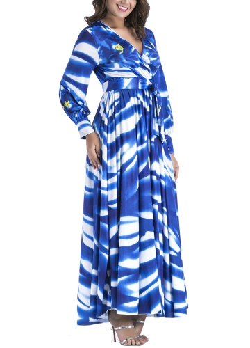 

Women Pleated in Print V-Neck Long Sleeve High Waist Maxi Dress