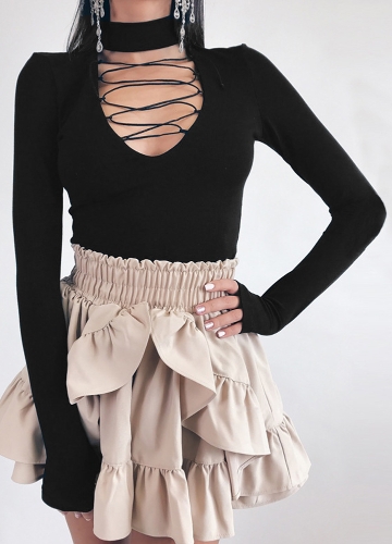 

Choker Deep V Neck Hollow Out Strappy Front Glove Sleeves Bodysuit