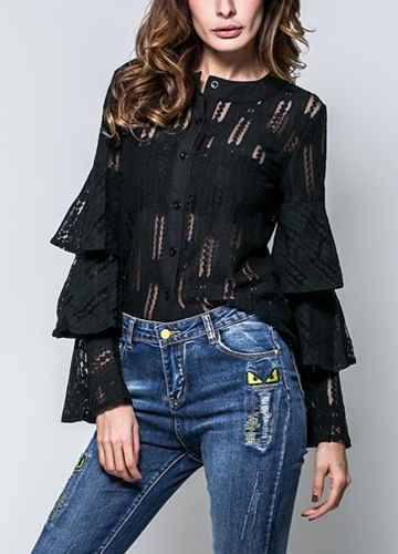 

Women Blouse Transparent Lace Layered Flare Sleeve Button Front