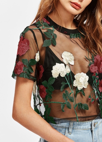Women Sheer Mesh Top Flower Embroidered Short Sleeve Blouse