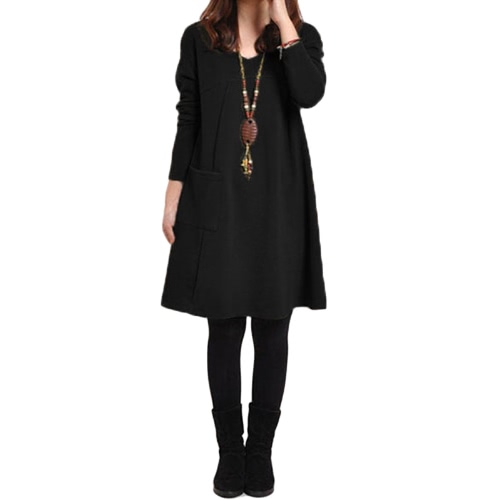 

Autumn Winter Women Dress Plus Size Long Sleeves Pockets Solid V Neck Loose Dress