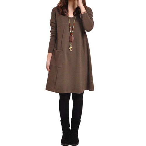 

Autumn Winter Women Dress Plus Size Long Sleeves Pockets Solid V Neck Loose Dress