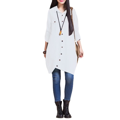 

New Women Cotton Linen Long Blouse Irregular Hem Buttons Loose Casual Vintage Top Shirt Dress White/Purple/Dark Blue