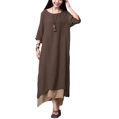 

New Women Cotton Linen Vintage Dress Split Irregular Hem Casual Loose Boho Long Maxi Dresses Orange/Army Green/Coffee