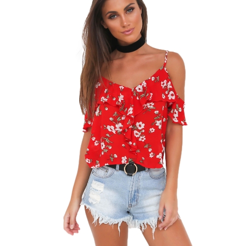 

Off Плечи Шифон Спагетти Ремень Цветочные Flare Sleeve Женщины Loose Tops