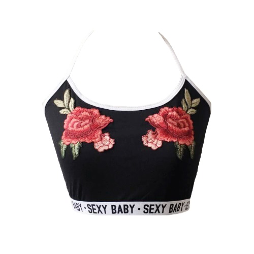 

Women Sexy Vest Crop Top Floral Embroidery Letter Print Halter Sleeveless Bralette Bustier Lingerie Tank Top