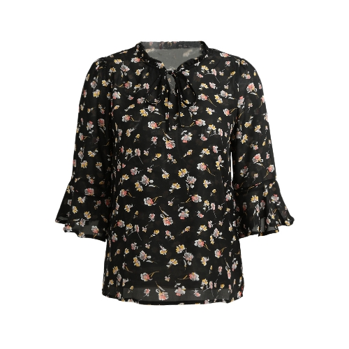 

Sexy Flower Print Shirt Tie Bow Front Flare Sleeve Loose Women's Blouse