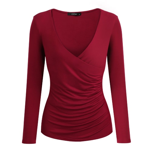 

Sexy Deep V Neck Cross Front Ruched Long Sleeve Women's T-Shirt