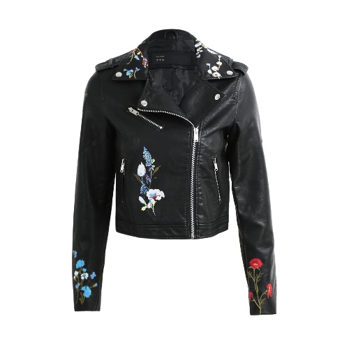 Fashion Women Embroidery Flower PU Faux Leather Jacket Coat