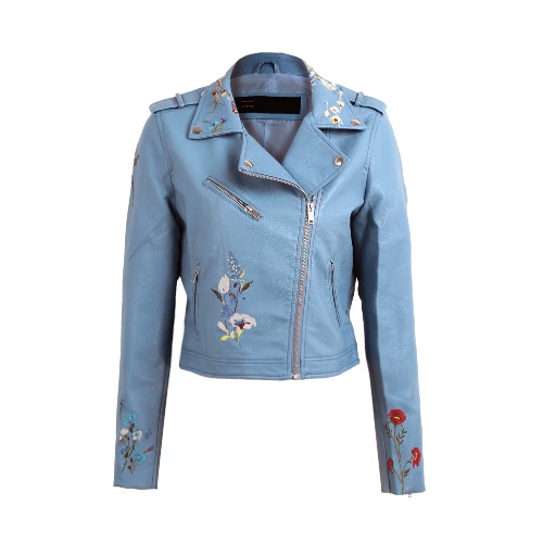 Fashion Women Embroidery Flower PU Faux Leather Jacket Coat