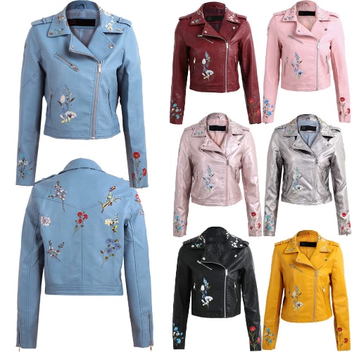 Moda mujer bordado flor PU Faux chaqueta de cuero abrigo