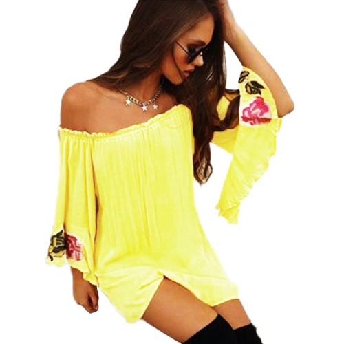 Summer Women Loose T-Shirt Slash Neck Off Shoulder