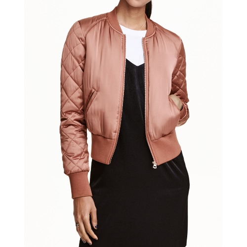 Fashion Women Satin Bomber Jacket Quilted Long Sleeve Cotton Short Jacket