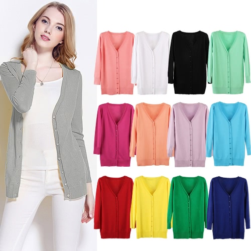 

New Women Knitted Cardigan V Neck Long Sleeve Button Solid Slim Autumn Outerwear Casual Thin Knitwear