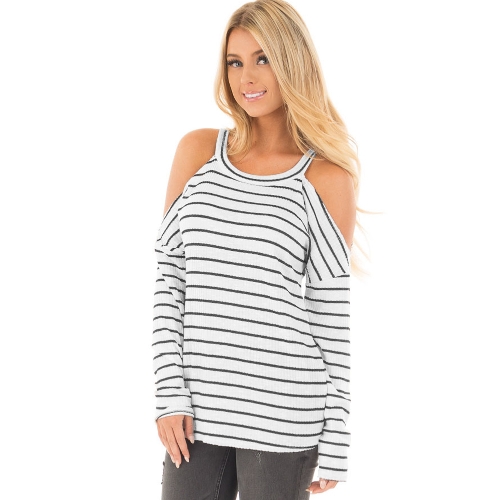 

Women Stripe Sexy Off The Shoulder O Neck Long Sleeve Vintage T-shirt
