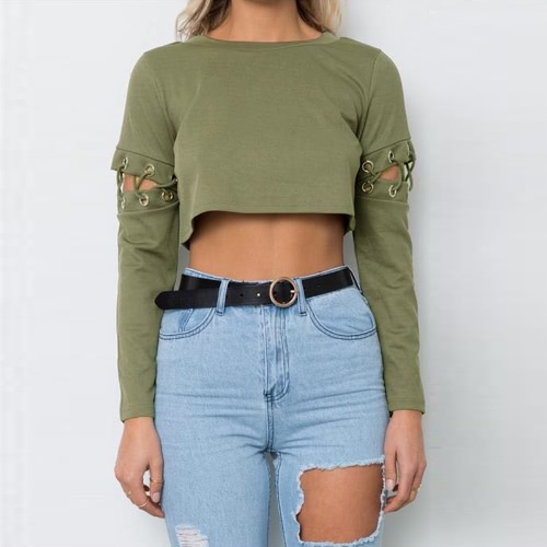 

Sexy Women Lace-Up Bandage Long Sleeve Solid Slim Crop Top