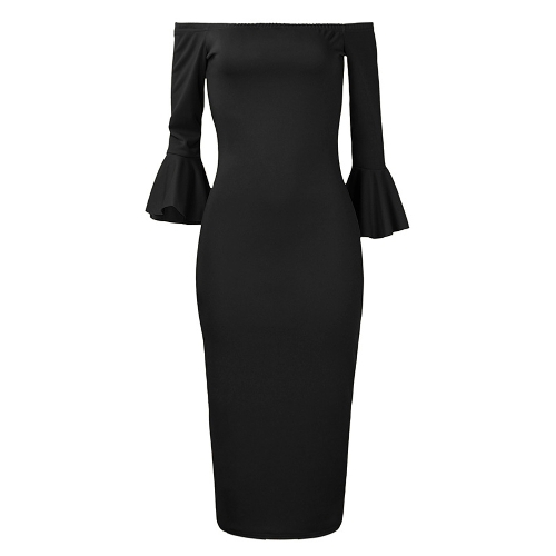 

Sexy Off Shoulder Solid Flare Sleeves Party Club Midi Bodycon Dress