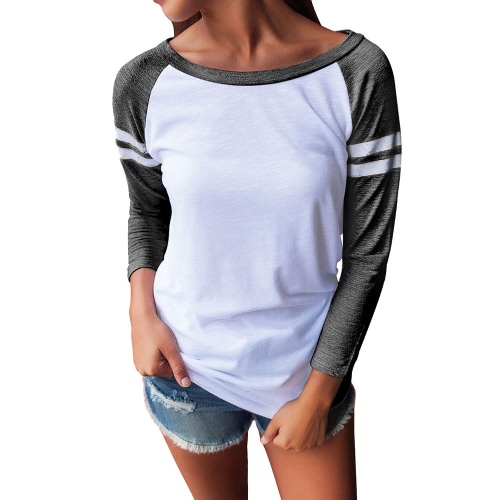 Women Autumn T-shirt Blouse Stripes Color Splice O-neck 3/4 Sleeves Elegant Casual Top Pullover