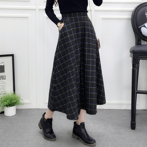 

Women Plaid Skirt Woolen High Elastic Waist Elegant A-Line Midi Skirts