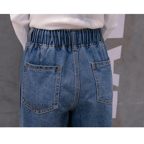 

Women Denim Wide Leg Trousers Snap Split Side Drawstring Waist Jeans