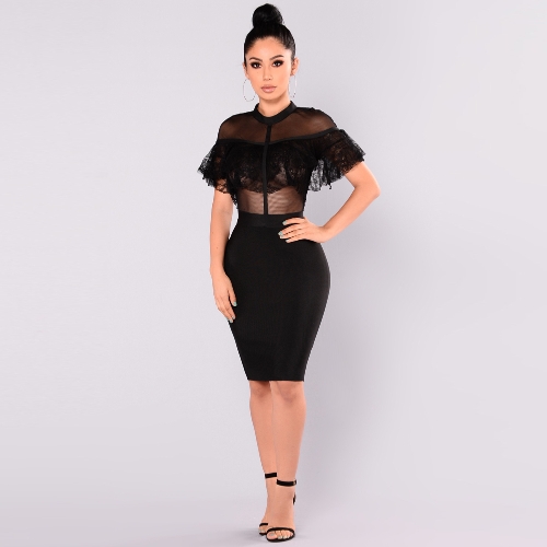 

Sexy Women Patchwork Sheer Mesh Lace Ruffle Bodycon Dress
