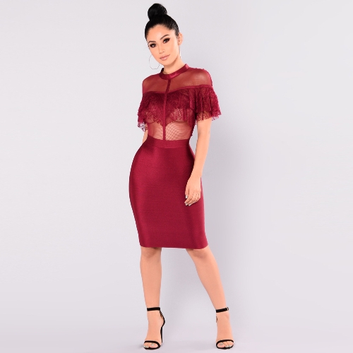 

Sexy Women Patchwork Sheer Mesh Lace Ruffle Bodycon Dress