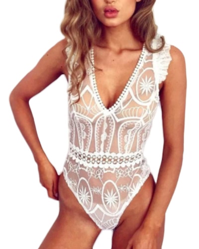

Sexy One Piece Sheer Lace Deep V-neck Беспроводное женское белье