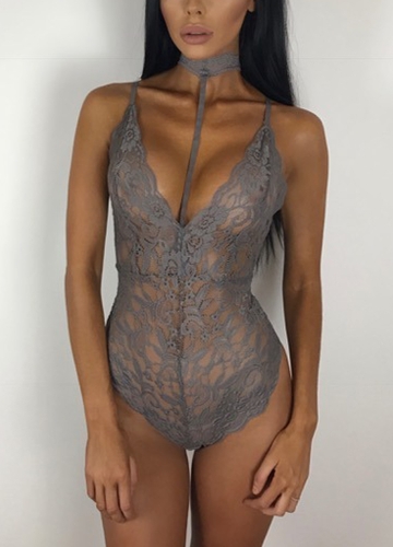 

Lingerie Sheer Choker Deep V Neck Erotic Lace Bodysuit