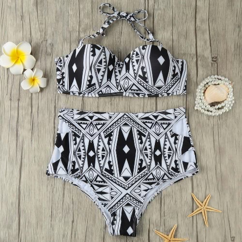 

Padded Wire Halter Cut Out High Waist Bikini Set