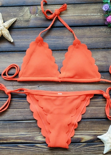 

Sexy Women Solid Scalloped Halter Bandage Strappy Swimwear Bikini Set