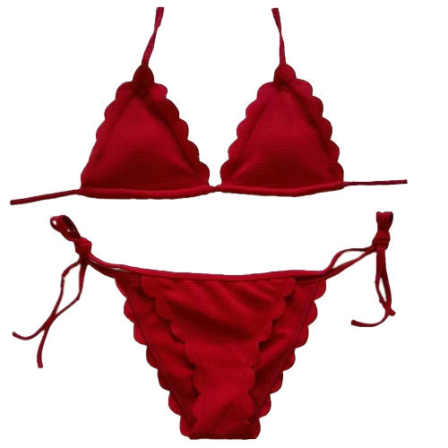 

Sexy Women Solid Scalloped Halter Bandage Strappy Swimwear Bikini Set