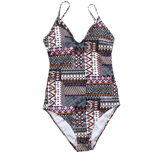 Sexy Women Spaghetti Strap One-Piece Swimsuit Totems Print Monokini Push Up Padded Bikini Bathing Suit Swimwear Coffee