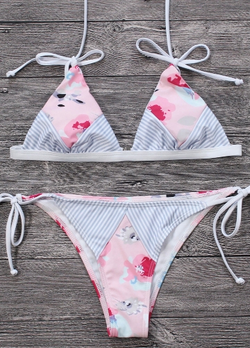 

Sexy Women Bikini Set Floral Print Striped Splice Strappy Wireless Bathing Suit Swimsuits Two Piece Beach Wear