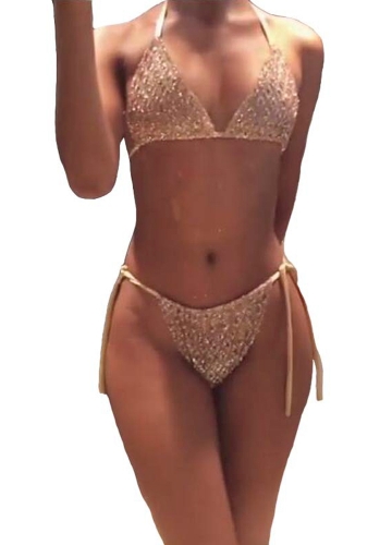 

Женщины Sparkle Sequin Bikini Set Halter Padding Self Tie Low Waist