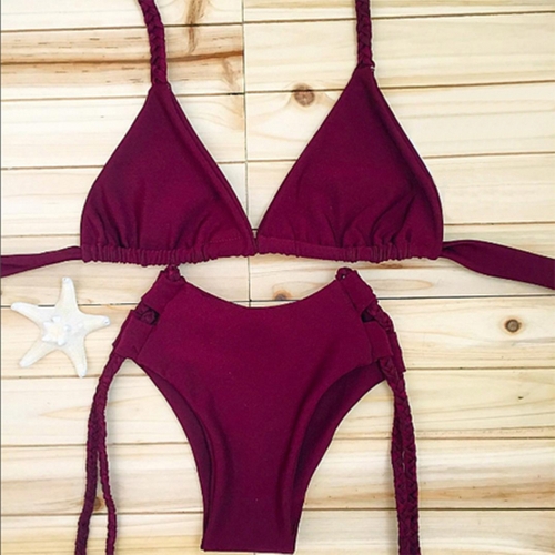 

Floral Print Halter Braided Bandage Padded Hollow Out Women Bikini Set