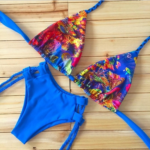 

Женщины Бикини Set Цветочные печати Halter Плетеный бинт Мягкий полый из низкой талии Сексуальный купальник