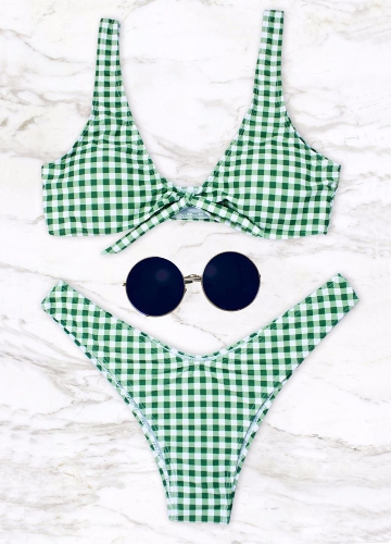 

Женщины Gingham бикини Установить узел передней высокой ноги