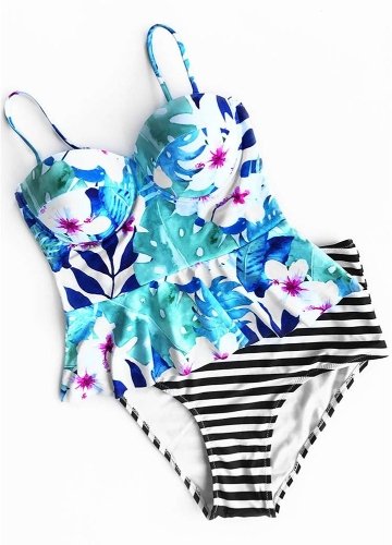 

Женщины Peplum Tankini Set Цветочная печать Высокая талия