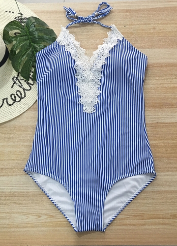 

Halter Striped Lace Backless Wireless Monokini Women One Piece