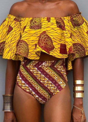 

Off the Shoulder Tribal Print Ruffle High Waist Bikini Set